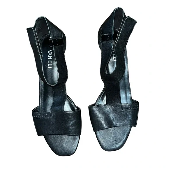 Vaneli Calyx Black Leather T-Strap Wooden Block Heel Sandals Size 8 M - Picture 3 of 5